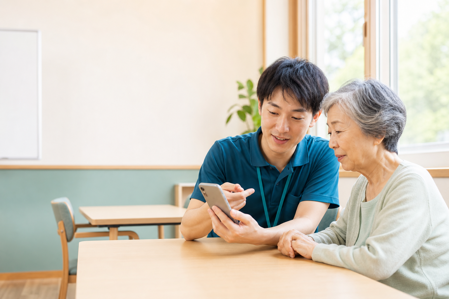 スマホについて相談しながら説明を受けている様子